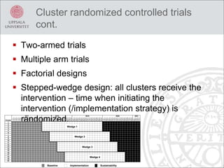 Cluster randomized controlled trials
cont.
 Two-armed trials
 Multiple arm trials
 Factorial designs
 Stepped-wedge design: all clusters receive the
intervention – time when initiating the
intervention (/implementation strategy) is
randomized.
1 2 3 4 5 6 7 8 9 10 11 12 1 2 3 4 5 6 7 8 9 10 11 12 1 2 3 4 5 6 7 8 9 10 11 12 1 2 3 4 5 6 7 8 9 10 11 12 1 2 3 4 5 6 7 8 9 10 11 12
Cluster 1 2 3 4 5 6 7 8 9 10 11 12 13 14 15 16 17 18 19 20 21 22 23 24 25 26 27 28 29 30 31 32 33 34 35 36 37 38 39 40 41 42 43 44 45 46 47 48 49 50 51 52 53 54 55 56 57 58 59 60
1
2
3
4
5
6
7
8
9
10
11
12
13
14
15
16
17
18
19
20
Baseline Implementation Sustainability
1 2 3 4 5 6 7 8 9 10 11 12 1 2 3 4 5 6 7 8 9 10 11 12 1 2 3 4 5 6 7 8 9 10 11 12 1 2 3 4 5 6 7 8 9 10 11 12 1 2 3
Cluster 1 2 3 4 5 6 7 8 9 10 11 12 13 14 15 16 17 18 19 20 21 22 23 24 25 26 27 28 29 30 31 32 33 34 35 36 37 38 39 40 41 42 43 44 45 46 47 48 49 50 51
1
2
3
4
5
6
7
8
9
10
11
12
13
14
15
16
17
18
19
20
Baseline Implementation Sustainability
20212017 2018 2019 2020
20212017 2018 2019 2020
Wedge 1
Wedge 2
Wedge 3
Wedge 4
 