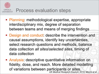 Process evaluation steps
 Planning: methodological expertise, appropriate
interdisciplinary mix, degree of separation
between teams and means of merging findings
 Design and conduct: describe the intervention and
causal assumptions, identify key uncertainties,
select research questions and methods, balance
data collection all sites/selected sites, timing of
data collection
 Analysis: descriptive quantitative information on
fidelity, dose, and reach. More detailed modelling
of variations between participants or sites.
UK Medical Research Council, 2015; Moore et al., 2
 