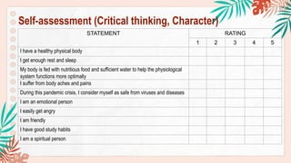 Self-assessment (Critical thinking, Character)
STATEMENT RATING
1 2 3 4 5
I have a healthy physical body
I get enough rest and sleep
My body is fed with nutritious food and sufficient water to help the physiological
system functions more optimally
I suffer from body aches and pains
During this pandemic crisis, I consider myself as safe from viruses and diseases
I am an emotional person
I easily get angry
I am friendly
I have good study habits
I am a spiritual person
 
