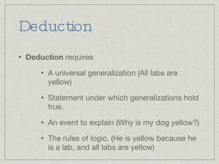 Deduction Deduction  requires  A universal generalization (All labs are yellow)‏ Statement under which generalizations hold true. An event to explain (Why is my dog yellow?)‏ The rules of logic. (He is yellow because he is a lab, and all labs are yellow)‏ 