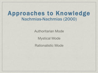 Authoritarian Mode Mystical Mode Rationalistic Mode Approaches to Knowledge Nachmias-Nachmias (2000)‏ 