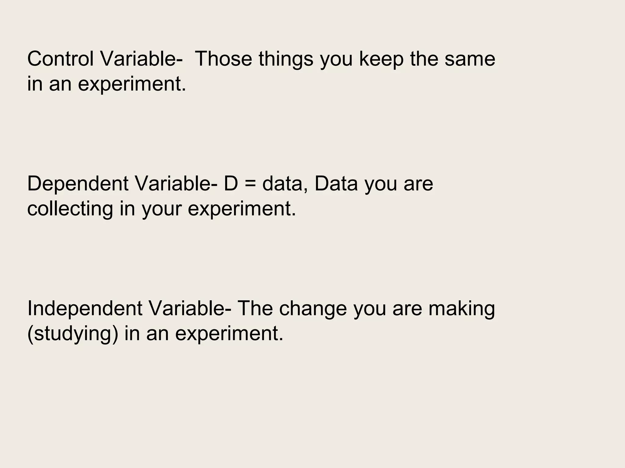 Control Variable- Those things you keep the same 
in an experiment. 
Dependent Variable- D = data, Data you are 
collecting in your experiment. 
Independent Variable- The change you are making 
(studying) in an experiment. 
 