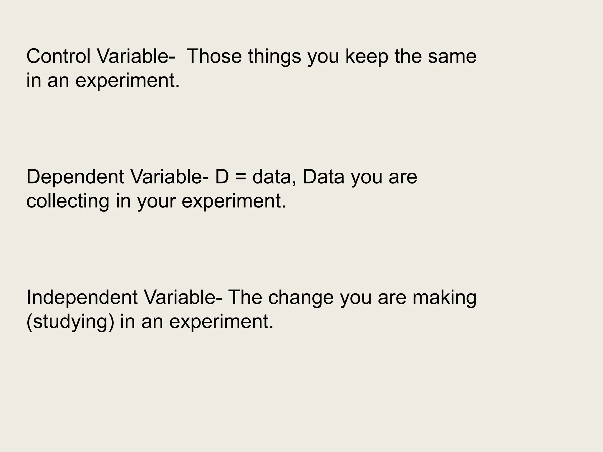 Control Variable- Those things you keep the same 
in an experiment. 
Dependent Variable- D = data, Data you are 
collecting in your experiment. 
Independent Variable- The change you are making 
(studying) in an experiment. 
 