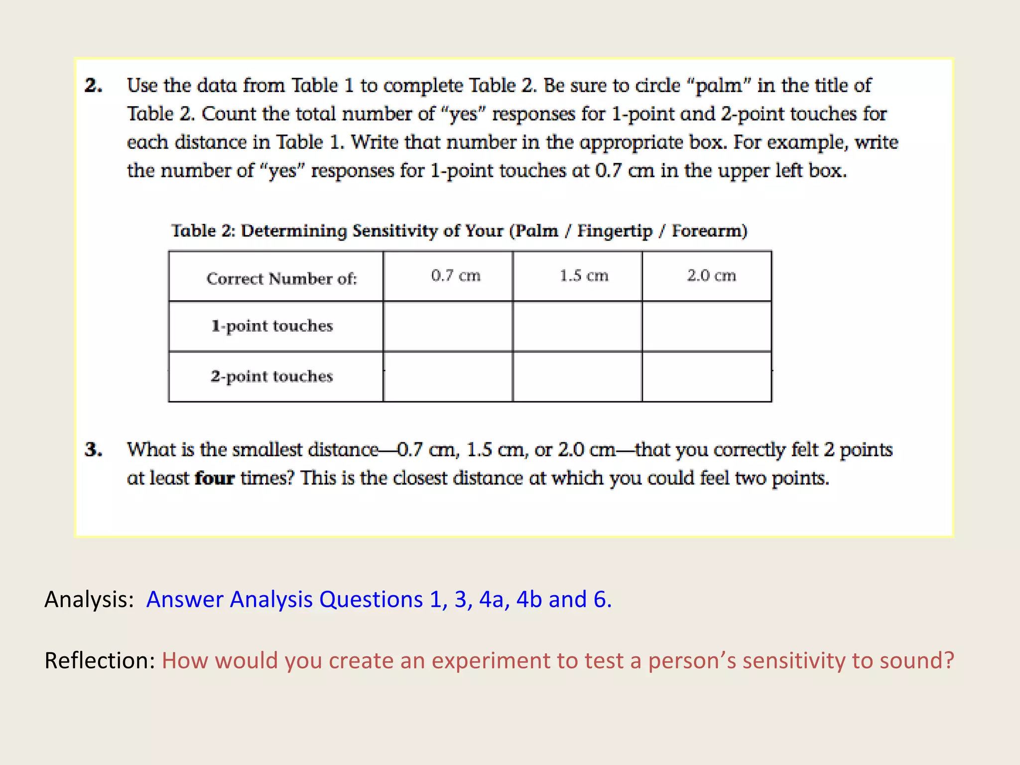 Analysis: Answer Analysis Questions 1, 3, 4a, 4b and 6.
Reflection: How would you create an experiment to test a person’s sensitivity to sound?
 