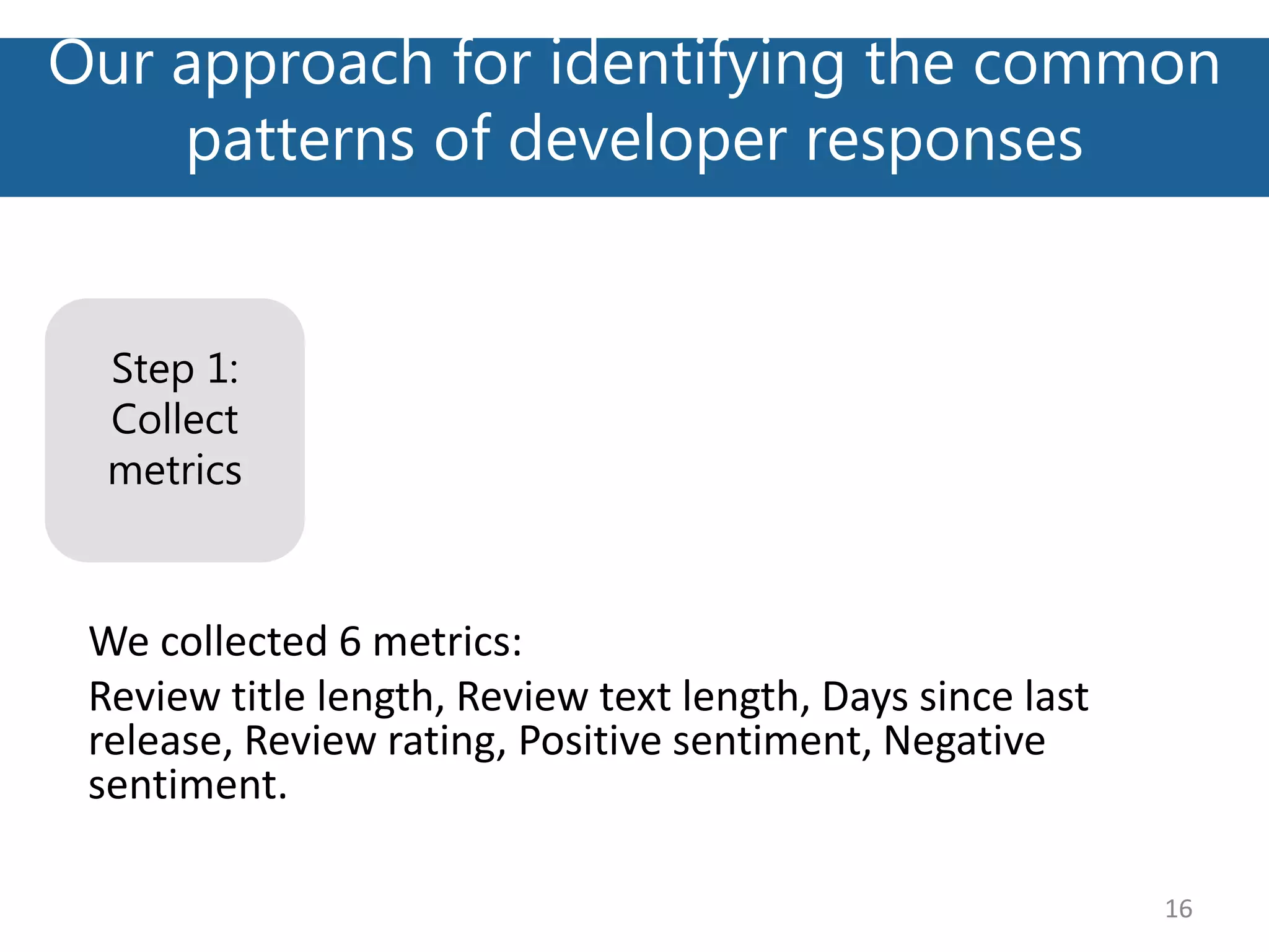 Our approach for identifying the common
patterns of developer responses
16
Step 1:
Collect
metrics
We collected 6 metrics:
Review title length, Review text length, Days since last
release, Review rating, Positive sentiment, Negative
sentiment.
 