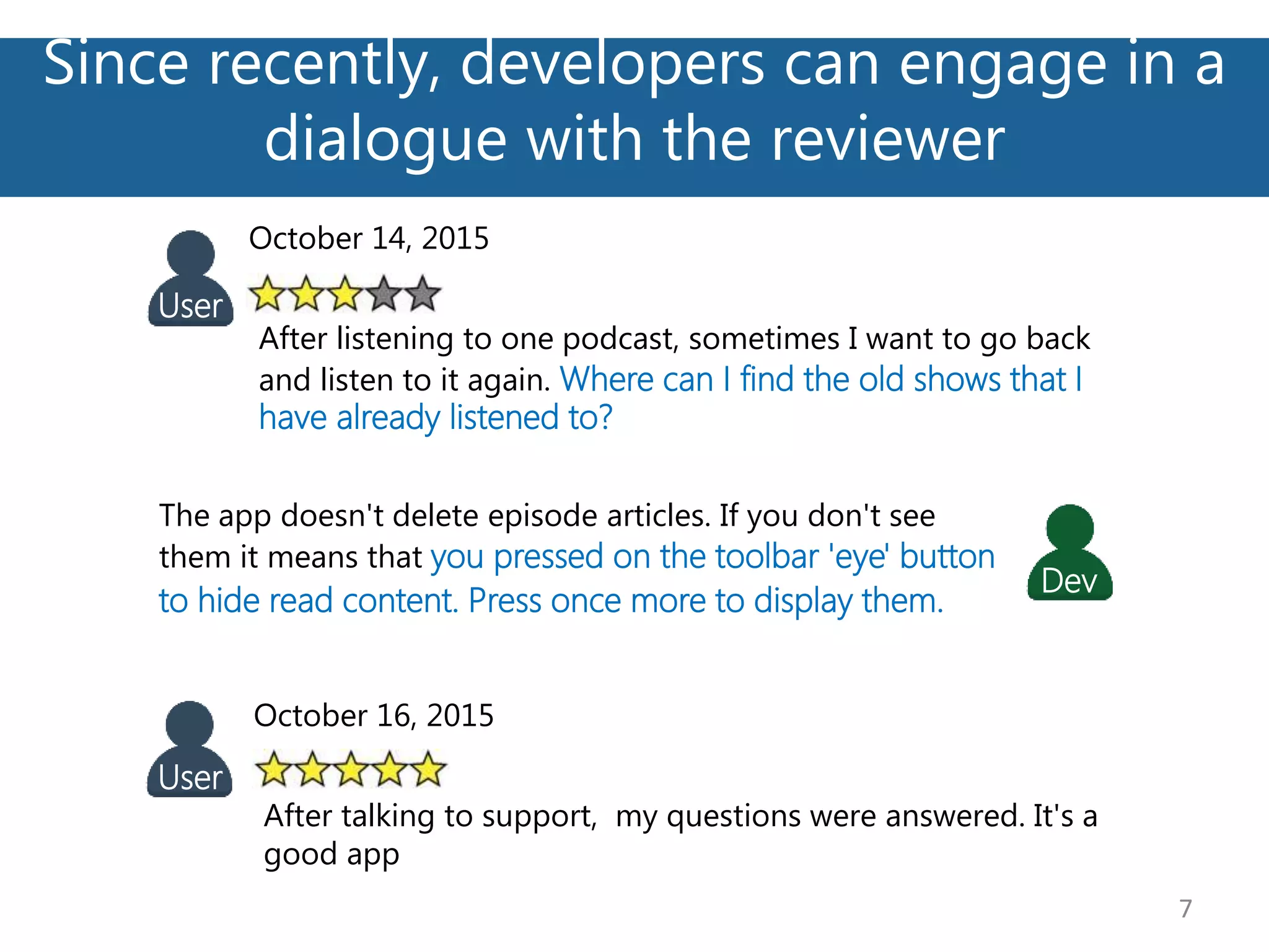Since recently, developers can engage in a
dialogue with the reviewer
7
October 14, 2015
After listening to one podcast, sometimes I want to go back
and listen to it again. Where can I find the old shows that I
have already listened to?
User
October 16, 2015
After talking to support, my questions were answered. It's a
good app
User
The app doesn't delete episode articles. If you don't see
them it means that you pressed on the toolbar 'eye' button
to hide read content. Press once more to display them.
Dev
 