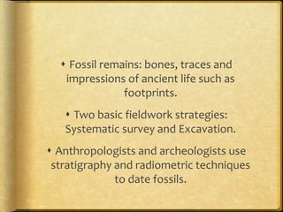  Fossil remains: bones, traces and 
impressions of ancient life such as 
footprints. 
 Two basic fieldwork strategies: 
Systematic survey and Excavation. 
 Anthropologists and archeologists use 
stratigraphy and radiometric techniques 
to date fossils. 
 