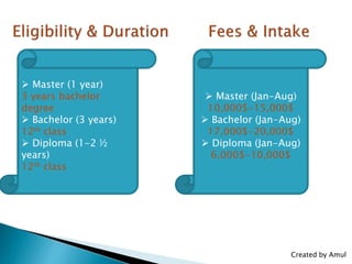  Master (1 year)
3 years bachelor
degree
 Bachelor (3 years)
12th class
 Diploma (1-2 ½
years)
12th class
 Master (Jan-Aug)
10,000$-15,000$
 Bachelor (Jan-Aug)
17,000$-20,000$
 Diploma (Jan-Aug)
6,000$-10,000$
Created by Amul
 