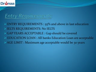  ENTRY REQUIREMENTS : 55% and above in last education
 IELTS REQUIREMENTS: No IELTS
 GAP YEARS ACCEPTABLE : Gap should be covered
 EDUCATION LOAN : All banks Education Loan are acceptable
 AGE LIMIT : Maximum age acceptable would be 30 years
 