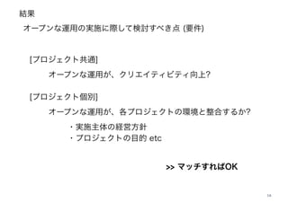 結果
18
オープンな運用の実施に際して検討すべき点 (要件)
[プロジェクト共通]
オープンな運用が、クリエイティビティ向上? 
 
[プロジェクト個別]
オープンな運用が、各プロジェクトの環境と整合するか?
・実施主体の経営方針 
・プロジェクトの目的 etc
>> マッチすればOK
 