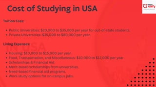 Cost of Studying in USA
Tuition Fees:
Public Universities: $20,000 to $35,000 per year for out-of-state students.
Private Universities: $35,000 to $60,000 per year.
Living Expenses:
Housing: $10,000 to $15,000 per year.
Food, Transportation, and Miscellaneous: $10,000 to $12,000 per year.
Scholarships & Financial Aid:
Merit-based scholarships from universities.
Need-based financial aid programs.
Work-study options for on-campus jobs.
 