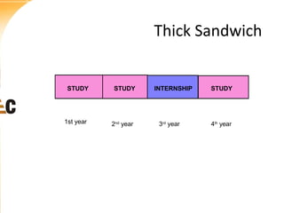 Thick Sandwich

STUDY

1st year

STUDY

2nd year

INTERNSHIP

3rd year

STUDY

4th year

 