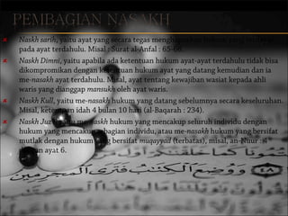Naskh sarih, yaitu ayat yang secara tegas menghapuskan hukum yang terdapat
pada ayat terdahulu. Misal : Surat al-Anfal : 65-66.
Naskh Dimni, yaitu apabila ada ketentuan hukum ayat-ayat terdahulu tidak bisa
dikompromikan dengan ketentuan hukum ayat yang datang kemudian dan ia
me-nasakh ayat terdahulu. Misal, ayat tentang kewajiban wasiat kepada ahli
waris yang dianggap mansukh oleh ayat waris.
Naskh Kull, yaitu me-nasakh hukum yang datang sebelumnya secara keseluruhan.
Misal, ketentuan idah 4 bulan 10 hari (al-Baqarah : 234).
Naskh Juz’i, yaitu me-naskh hukum yang mencakup seluruh individu dengan
hukum yang mencakup sebagian individu, atau me-nasakh hukum yang bersifat
mutlak dengan hukum yang bersifat muqayyad (terbatas), misal, an-Nuur : 4
dengan ayat 6. 

 