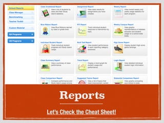 Reports
Let’s Check the Cheat Sheet!
 