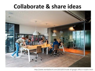 Collaborate	
  &	
  share	
  ideas	
  
h/p://www.worldofarchi.com/2013/07/inside-­‐of-­‐google-­‐oﬃce-­‐in-­‐dublin.html	
  
 