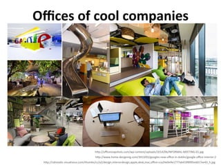Oﬃces	
  of	
  cool	
  companies	
  
h/p://www.home-­‐designing.com/2013/02/googles-­‐new-­‐oﬃce-­‐in-­‐dublin/google-­‐oﬃce-­‐interior-­‐2	
  
h/p://oﬃcesnapshots.com/wp-­‐content/uploads/2014/06/INFORMAL-­‐MEETING-­‐01.jpg	
  
h/p://cdnstaCc.visualizeus.com/thumbs/cc/a2/design,interiordesign,apple,desk,mac,oﬃce-­‐cca24e0e9e1777ab4199095edd17ee43_h.jpg	
  
 