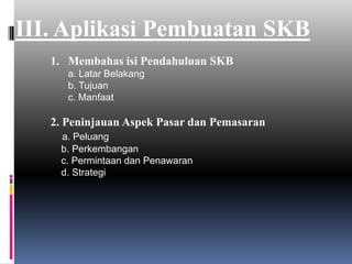 III. Aplikasi Pembuatan SKBMembahas isi Pendahuluan SKBa. Latar Belakangb. Tujuanc. Manfaat		2. Peninjauan Aspek Pasar dan Pemasarana. Peluang	    b. Perkembangan	    c. Permintaan dan Penawaran	    d. Strategi