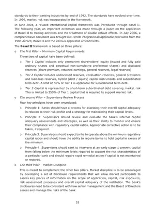 53
standards to their banking industries by end of 1992. The standards have evolved over time.
In 1996, market risk was incorporated in the framework.
In June 2004, a revised international capital framework was introduced through Basel II.
The following year, an important extension was made through a paper on the application
of Basel II to trading activities and the treatment of double default effects. In July 2006, a
comprehensive document was brought out, which integrated all applicable provisions from the
1988 Accord, Basel II and the various applicable amendments.
The Basel II framework is based on three pillars:
o	 The first Pillar – Minimum Capital Requirements
	 Three tiers of capital have been defined:
	 o	Tier 1 Capital includes only permanent shareholders’ equity (issued and fully paid
ordinary shares and perpetual non-cumulative preference shares) and disclosed
reserves (share premium, retained earnings, general reserves, legal reserves)
	 o	Tier 2 Capital includes undisclosed reserves, revaluation reserves, general provisions
and loan-loss reserves, hybrid (debt / equity) capital instruments and subordinated
term debt. A limit of 50% of Tier 1 is applicable for subordinated term debt.
	 o	Tier 3 Capital is represented by short-term subordinated debt covering market risk
This is limited to 250% of Tier 1 capital that is required to support market risk.
o	The second Pillar – Supervisory Review Process
	 Four key principles have been enunciated:
	 o	Principle 1: Banks should have a process for assessing their overall capital adequacy
in relation to their risk profile and a strategy for maintaining their capital levels.
	 o	Principle 2: Supervisors should review and evaluate the bank’s internal capital
adequacy assessments and strategies, as well as their ability to monitor and ensure
their compliance with regulatory capital ratios. Appropriate corrective action is to be
taken, if required.
	 o	Principle 3: Supervisors should expect banks to operate above the minimum regulatory
capital ratios and should have the ability to require banks to hold capital in excess of
the minimum.
	 o	Principle 4: Supervisors should seek to intervene at an early stage to prevent capital
from falling below the minimum levels required to support the risk characteristics of
a particular bank and should require rapid remedial action if capital is not maintained
or restored.
o	 The third Pillar – Market Discipline
	This is meant to complement the other two pillars. Market discipline is to be encouraged
by developing a set of disclosure requirements that will allow market participants to
assess key pieces of information on the scope of application, capital, risk exposures,
risk assessment processes and overall capital adequacy of the institution. The bank’s
disclosures need to be consistent with how senior management and the Board of Directors
assess and manage the risks of the bank.
 