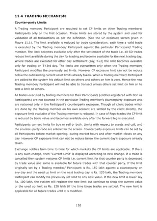 120
11.4 	TRADING MECHANISM
Counter-party Limits
A Trading member/ Participant are required to set CP limits on other Trading members/
Participants only on the first occasion. These limits are stored by the system and used for
validation of all transactions as per the definition. (See the CP exposure screen given in
Figure 11.1). The limit available is reduced by trade consideration, each time a valid trade
is executed by the Trading member/ Participant against the particular Participant/ Trading
member. The limit becomes available only after the settlement of the trade i.e. all SD trades
reduce limit available during the day for trading and become available for the next trading day.
Where trades are executed for other day settlement (say, T+2) the limit becomes available
only for trading on T+3rd day. The limits are overwritten only when the Trading member/
Participant modifies the previously set limits. However CP exposure limit can not be reduce
below the outstanding current asset limits already taken. When a Trading member/ Participant
are added to the system his default limit on others and others on him is zero. Hence the new
Trading member/ Participant will not be able to transact unless others set limit on him or he
sets a limit on others.
All trades executed by trading members for their Participants (entities registered with NSE as
Participants) are not counted in the particular Trading member’s counterparty exposure and
are reckoned only in the Participant’s counterparty exposure. Though all client trades which
are done by the Trading member on his own account are settled by the client directly, the
exposure limit available of the Trading member is reduced. In case of Repo trades the CP limit
is reduced by trade value and becomes available only after the forward leg is executed.
Participants can set limits for buy or sell or both. Limits with respect to assets and call, and
the counter- party code are entered in the screen. Counterparty exposure limits can be set by
all Participants before market opening, during market hours and after market closes on any
day. However CP exposure limit can not be reduce below the current day’s exposure already
taken.
Exchange notifies from time to time for which markets the CP limits are applicable. If there
is any such change, then “Current Limit’ is displayed according to new change. If a trade is
cancelled then system restores CP limits i.e. current limit for that counter party is decreased
by trade value and same is available for future trades with that counter party. If the limit
originally set by a Trading member/ Participant is Rs. 150 lakh against a counterparty on
any day and the used up limit on the next trading day is Rs. 120 lakh, the Trading member/
Participant can modify his previously set limit to any new value. If the new limit is lower say
Rs. 100 lakh, the system will register the new limit but continue to show the current value
or the used up limit as Rs. 120 lakh till the time these trades are settled. The new limit is
applicable for all future trades until it is modified.
 