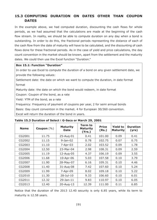 191
15.3 	COMPUTING DURATION ON DATES OTHER THAN COUPON
DATES
In the example above, we had computed duration, discounting the cash flows for whole
periods, as we had assumed that the calculations are made at the beginning of the cash
flow stream. In reality, we should be able to compute duration on any day when a bond is
outstanding. In order to do this, the fractional periods representing the distance of each of
the cash flow from the date of maturity will have to be calculated, and the discounting of cash
flows done for these fractional periods. As in the case of yield and price calculations, the day
count convention in the market should be known, apart from the settlement and the maturity
dates. We could then use the Excel function “Duration.”
Box 15.1: Function “Duration”
In order to use Excel to compute the duration of a bond on any given settlement date, we
provide the following values:
Settlement date: the date on which we want to compute the duration, in date format
format
Maturity date: the date on which the bond would redeem, in date format
Coupon: Coupon of the bond, as a rate
Yield: YTM of the bond, as a rate
Frequency: Frequency of payment of coupons per year, 2 for semi annual bonds
Basis: Day count convention in the market. 4 for European 30/360 convention.
Excel will return the duration of the bond in years.
Table 15.3 Duration of Select t G-Secs or March 29, 2001
Name Coupon (%)
Maturity
Date
Term to
Maturity
(Yrs.)
Price
(Rs.)
Yield to
Maturity
Duration
(yrs)
CG2001 11.75 25-Auq-01 0.41 101.00 0.09 0.41
CG2002 11.15 9-Jan-02 0.78 102.75 0.07 0.75
CG2003 11.10 7-Apr-03 2.02 103.52 0.09 1.78
CG2004 12.50 23-Mar-04 2.98 108.31 0.09 2.59
CG2005 11.19 12-Auq-05 4.37 106.19 0.09 3.55
CG2006 11.68 10-Apr-06 5.03 107.58 0.10 3.79
CG2007 11.90 28-May-07 6.16 109.31 0.10 4.46
CG2008 11.40 31-Auq-08 7.42 107.60 0.10 5.24
CG2009 11.99 7-Apr-09 8.02 109.18 0.10 5.22
CG2010 11.30 28-Jul-10 9.33 106.60 0.10 6.01
CG2011 12.32 29-Jan-11 9.83 110.97 0.10 6.05
CG2013 12.40 20-Auq-13 12.39 111.00 0.11 6.85
Notice that the duration of the 2013 12.40 security is only 6.85 years, while its term to
maturity is 12.58 years.
 