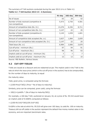 50
The summary of T-bill auctions conducted during the year 2013-14 is in Table 4.2.
Tablle 4.2 : T-bill Auction 2013-14 - A Summary
91-day 182-day 364-day
No of issues 65 39 52
Number of bids received (competitive &
non-competitive)
5,473 2,730 4,581
Amount of competitive bids (Rs. Cr.) 13,276 6,336 8,711
Amount of non-competitive bids (Rs. Cr.) 3,147 22 20
Number of bids accepted (competitive &
non-competitive)
3,145 1,039 1,601
Amount of competitive bids accepted (Rs. cr.) 3,837 1,984 2,659
Amount of non-competitive bids accepted (Rs. Cr.) 3,147 22 20
Total Issue (Rs. cr.) 6,984 2,006 2,679
Cut-off price - minimum (Rs.) 97 94 91
Cut-off price - maximum (Rs.) 98 96 93
Implicit yield at cut-off price - minimum (%) 7 7 7
Implicit yield at cut-off price - maximum (%) 12 12 10
Source: RBI Bulletin, Various Issues.
4.2 	CUT-OFF YIELDS
T-bills are issued at a discount and are redeemed at par. The implicit yield in the T-bill is the
rate at which the issue price (which is the cut-off price in the auction) has to be compounded,
for the number of days to maturity, to equal
the maturity value.
Yield, given price, is computed using the formula:
= ((100-Price)*365)/ (Price * No of days to maturity)
Similarly, price can be computed, given yield, using the formula:
= 100/(1+(yield% * (No of days to maturity/365))
For example, a 182-day T-bill, auctioned on January 18, at a price of Rs. 95.510 would have
an implicit yield of 9.4280% computed as follows:
= ((100-95.510)*365)/(95.510*182)
9.428% is the rate at which Rs. 95.510 will grow over 182 days, to yield Rs. 100 on maturity.
Treasury bill cut-off yields in the auction represent the default-free money market rates in the
economy, and are important benchmark rates.
 