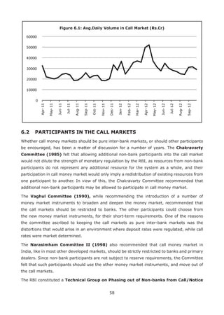 58
6.2 	 PARTICIPANTS IN THE CALL MARKETS
Whether call money markets should be pure inter-bank markets, or should other participants
be encouraged, has been a matter of discussion for a number of years. The Chakravarty
Committee (1985) felt that allowing additional non-bank participants into the call market
would not dilute the strength of monetary regulation by the RBI, as resources from non-bank
participants do not represent any additional resource for the system as a whole, and their
participation in call money market would only imply a redistribution of existing resources from
one participant to another. In view of this, the Chakravarty Committee recommended that
additional non-bank participants may be allowed to participate in call money market.
The Vaghul Committee (1990), while recommending the introduction of a number of
money market instruments to broaden and deepen the money market, recommended that
the call markets should be restricted to banks. The other participants could choose from
the new money market instruments, for their short-term requirements. One of the reasons
the committee ascribed to keeping the call markets as pure inter-bank markets was the
distortions that would arise in an environment where deposit rates were regulated, while call
rates were market determined.
The Narasimham Committee II (1998) also recommended that call money market in
India, like in most other developed markets, should be strictly restricted to banks and primary
dealers. Since non-bank participants are not subject to reserve requirements, the Committee
felt that such participants should use the other money market instruments, and move out of
the call markets.
The RBI constituted a Technical Group on Phasing out of Non-banks from Call/Notice
 