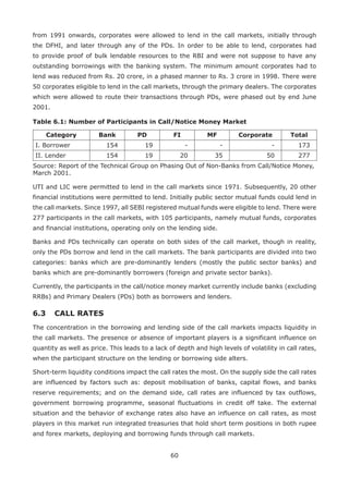60
from 1991 onwards, corporates were allowed to lend in the call markets, initially through
the DFHI, and later through any of the PDs. In order to be able to lend, corporates had
to provide proof of bulk lendable resources to the RBI and were not suppose to have any
outstanding borrowings with the banking system. The minimum amount corporates had to
lend was reduced from Rs. 20 crore, in a phased manner to Rs. 3 crore in 1998. There were
50 corporates eligible to lend in the call markets, through the primary dealers. The corporates
which were allowed to route their transactions through PDs, were phased out by end June
2001.
Table 6.1: Number of Participants in Call/Notice Money Market
Category Bank PD FI MF Corporate Total
I. Borrower 154 19 - - - 173
II. Lender 154 19 20 35 50 277
Source: Report of the Technical Group on Phasing Out of Non-Banks from Call/Notice Money,
March 2001.
UTI and LIC were permitted to lend in the call markets since 1971. Subsequently, 20 other
financial institutions were permitted to lend. Initially public sector mutual funds could lend in
the call markets. Since 1997, all SEBI registered mutual funds were eligible to lend. There were
277 participants in the call markets, with 105 participants, namely mutual funds, corporates
and financial institutions, operating only on the lending side.
Banks and PDs technically can operate on both sides of the call market, though in reality,
only the PDs borrow and lend in the call markets. The bank participants are divided into two
categories: banks which are pre-dominantly lenders (mostly the public sector banks) and
banks which are pre-dominantly borrowers (foreign and private sector banks).
Currently, the participants in the call/notice money market currently include banks (excluding
RRBs) and Primary Dealers (PDs) both as borrowers and lenders.
6.3 	CALL RATES
The concentration in the borrowing and lending side of the call markets impacts liquidity in
the call markets. The presence or absence of important players is a significant influence on
quantity as well as price. This leads to a lack of depth and high levels of volatility in call rates,
when the participant structure on the lending or borrowing side alters.
Short-term liquidity conditions impact the call rates the most. On the supply side the call rates
are influenced by factors such as: deposit mobilisation of banks, capital flows, and banks
reserve requirements; and on the demand side, call rates are influenced by tax outflows,
government borrowing programme, seasonal fluctuations in credit off take. The external
situation and the behavior of exchange rates also have an influence on call rates, as most
players in this market run integrated treasuries that hold short term positions in both rupee
and forex markets, deploying and borrowing funds through call markets.
 