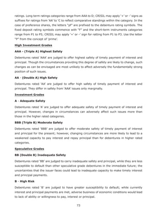 73
ratings. Long term ratings categories range from AAA to D; CRISIL may apply ‘+’ or -’ signs as
suffixes for ratings from ‘AA’ to ‘C to reflect comparative standings within the category. In the
case of preference shares, the letters “pf” are prefixed to the debenture rating symbols. The
fixed deposit rating symbols commence with “F” and the short-term instruments categories
range from P1 to P5; CRISIL may apply ‘+’ or -’ sign for ratting from P1 to P3. Use the letter
“P” from the concept of ‘prime’.
High Investment Grades
AAA - (Triple A) Highest Safety
Debentures rated ‘AAA’ are judged to offer highest safety of timely payment of interest and
principal. Though the circumstances providing this degree of safety are likely to change, such
changes as can be envisaged are most unlikely to affect adversely the fundamentally strong
position of such issues.
AA - (Double A) High Safety
Debentures rated ‘AA’ are judged to offer high safety of timely payment of interest and
principal. They differ in safety from ‘AAA’ issues only marginally.
Investment Grades
A - Adequate Safety
Debentures rated ‘A’ are judged to offer adequate safety of timely payment of interest and
principal. However, changes in circumstances can adversely affect such issues more than
those in the higher rated categories.
BBB (Triple B) Moderate Safety
Debentures rated ‘BBB’ are judged to offer moderate safety of timely payment of interest
and principal for the present; however, changing circumstances are more likely to lead to a
weakened capacity to pay interest and repay principal than for debentures in higher rated
categories.
Speculative Grades
BB (Double B) Inadequate Safety
Debentures rated ‘BB’ are judged to carry inadequate safety and principal, while they are less
susceptible to default than other speculative grade debentures in the immediate future; the
uncertainties that the issuer faces could lead to inadequate capacity to make timely interest
and principal payments.
B - High Risk
Debentures rated ‘B’ are judged to have greater susceptibility to default; while currently
interest and principal payments are met, adverse business of economic conditions would lead
to lack of ability or willingness to pay, interest or principal.
 