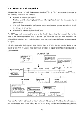 70
4.4 FCFF and FCFE based DCF
Analysts like to use free cash flow valuation models (FCFF or FCFE) whenever one or more of
the following conditions are present:
• The firm is not dividend paying
• The firm is dividend paying but dividends differ significantly from the firm’s capacity to
pay dividends
• Free cash flows align with profitability within a reasonable forecast period with which
the analyst is comfortable
• The investor takes a control perspective
The FCFF approach computes the value of the firm by discounting the free cash flow to the
firm at the Weighted Average Cost of Capital (WACC) of the firm and then deducting the
value of non-common stock capital (usually debt and preferred stock) to arrive at the value
of equity.
The FCFE approach on the other hand can be used to directly find out the fair value of the
equity of the firm by valuing free cash flows available to equity shareholders discounted at
cost of capital.
Free cash flow to firm is the cash available to bond holders and stock holders after all expenses
and investments have taken place. It’s one of the many benchmarks used to compare and
 
