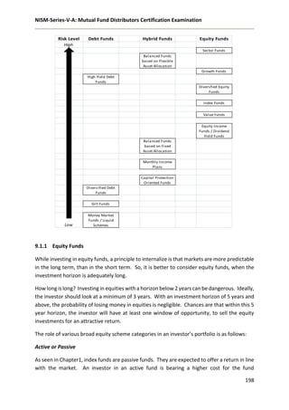 NISM-Series-V-A: Mutual Fund Distributors Certification Examination
198
9.1.1 Equity Funds
While investing in equity funds, a principle to internalize is that markets are more predictable
in the long term, than in the short term. So, it is better to consider equity funds, when the
investment horizon is adequately long.
How long is long? Investing in equities with a horizon below 2 years can be dangerous. Ideally,
the investor should look at a minimum of 3 years. With an investment horizon of 5 years and
above, the probability of losing money in equities is negligible. Chances are that within this 5
year horizon, the investor will have at least one window of opportunity, to sell the equity
investments for an attractive return.
The role of various broad equity scheme categories in an investor’s portfolio is as follows:
Active or Passive
As seen in Chapter1, index funds are passive funds. They are expected to offer a return in line
with the market. An investor in an active fund is bearing a higher cost for the fund
Risk Level Debt Funds Hybrid Funds Equity Funds
High
Sector Funds
Balanced Funds
based on Flexible
Asset Allocation
Growth Funds
High Yield Debt
Funds
Diversfied Equity
Funds
Index Funds
Value Funds
Equity Income
Funds / Dividend
Yield Funds
Balanced Funds
based on Fixed
Asset Allocation
Monthly Income
Plans
Capital Protection
Oriented Funds
Diversified Debt
Funds
Gilt Funds
Low
Money Market
Funds / Liquid
Schemes
 
