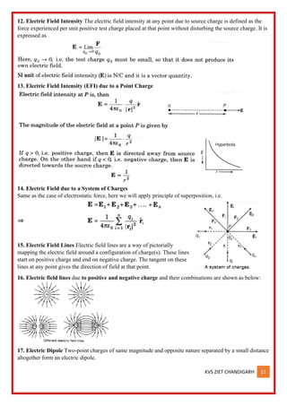 KVS ZIET CHANDIGARH 11
12. Electric Field Intensity The electric field intensity at any point due to source charge is defined as the
force experienced per unit positive test charge placed at that point without disturbing the source charge. It is
expressed as
13. Electric Field Intensity (EFI) due to a Point Charge
14. Electric Field due to a System of Charges
Same as the case of electrostatic force, here we will apply principle of superposition, i.e.
15. Electric Field Lines Electric field lines are a way of pictorially
mapping the electric field around a configuration of charge(s). These lines
start on positive charge and end on negative charge. The tangent on these
lines at any point gives the direction of field at that point.
16. Electric field lines due to positive and negative charge and their combinations are shown as below:
17. Electric Dipole Two-point charges of same magnitude and opposite nature separated by a small distance
altogether form an electric dipole.
 