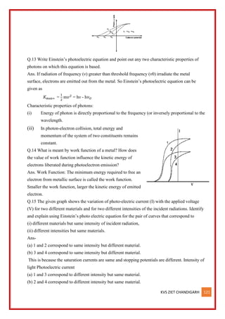 KVS ZIET CHANDIGARH 121
Q.13 Write Einstein’s photoelectric equation and point out any two characteristic properties of
photons on which this equation is based.
Ans. If radiation of frequency (ν) greater than threshold frequency (ν0) irradiate the metal
surface, electrons are emitted out from the metal. So Einstein’s photoelectric equation can be
given as
𝐾max= =
1
2
m𝑣2
= hν - h𝜈𝑂
Characteristic properties of photons:
(i) Energy of photon is directly proportional to the frequency (or inversely proportional to the
wavelength.
(ii) In photon-electron collision, total energy and
momentum of the system of two constituents remains
constant.
Q.14 What is meant by work function of a metal? How does
the value of work function influence the kinetic energy of
electrons liberated during photoelectron emission?
Ans. Work Function: The minimum energy required to free an
electron from metallic surface is called the work function.
Smaller the work function, larger the kinetic energy of emitted
electron.
Q.15 The given graph shows the variation of photo-electric current (I) with the applied voltage
(V) for two different materials and for two different intensities of the incident radiations. Identify
and explain using Einstein’s photo electric equation for the pair of curves that correspond to
(i) different materials but same intensity of incident radiation,
(ii) different intensities but same materials.
Ans-
(a) 1 and 2 correspond to same intensity but different material.
(b) 3 and 4 correspond to same intensity but different material.
This is because the saturation currents are same and stopping potentials are different. Intensity of
light Photoelectric current
(a) 1 and 3 correspond to different intensity but same material.
(b) 2 and 4 correspond to different intensity but same material.
 