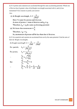 KVS ZIET CHANDIGARH 123
Q.18 A proton and a deuteron are accelerated through the same accelerating potential. Which one
of the two has (i) greater value of de-Broglie wavelength associated with it, and (ii) less
momentum? Give reasons to justify your answer
Ans-
Q.19 An α-particle and a proton are accelerated from rest by the same potential. Find the ratio of
their de- Broglie wavelengths.
 