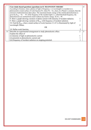 KVS ZIET CHANDIGARH 126
Case study-based questions (questions no 8- 10) EINSTEIN THEORY
According to Einstein, when a photon of light of frequency v or wavelength λ is incident on a
photosensitive metal surface of work function W, where W, < hvO (here, h is Planck’s constant), then the
emission of photoelectrons takes place. The maximum kinetic energy of the emitted photoelectrons is
given by Kmax = hv — W. If the frequency of the incident light is v, called threshold frequency, the
photoelectrons are emitted from metal without any kinetic energy. So hvO =W.
8. Draw a graph showing variation of photo current with intensity of incident radiation. 1
9. Draw a graph showing variation of Kmax with frequency of incident radiation. 1
10. Find the Kmax when a metal surface of work function 3.3 eV is illuminated by light of
wavelength 300nm. 2
OR
10. Define work function. 2
4
11 Describe an experimental arrangement to study photoelectric effect. 2
Explain the effect of
(i) intensity of light on photoelectric current 1
(ii) potential on photoelectric current and 1
(iii) frequency of incident radiation on stopping potential. 1
5
 