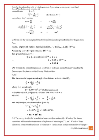 KVS ZIET CHANDIGARH 130
Q.4 Find out the wavelength of the electron orbiting in the ground state of hydrogen atom.
Ans-
Q.5 When is Hα line in the emission spectrum of hydrogen atom obtained? Calculate the
frequency of the photon emitted during this transition.
Ans-
Q.6 The energy levels of a hypothetical atom are shown alongside. Which of the shown
transitions will result in the emission of a photon of wavelength 275 nm? Which of these
transitions correspond to emission of radiation of (i) maximum and (ii) minimum wavelength?
 
