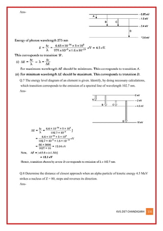 KVS ZIET CHANDIGARH 131
Ans-
Q.7 The energy level diagram of an element is given. Identify, by doing necessary calculations,
which transition corresponds to the emission of a spectral line of wavelength 102.7 nm.
Ans-
Q.8 Determine the distance of closest approach when an alpha particle of kinetic energy 4.5 MeV
strikes a nucleus of Z = 80, stops and reverses its direction.
Ans-
 