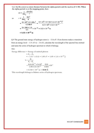 KVS ZIET CHANDIGARH 132
Q.9 The ground state energy of hydrogen atom is – 13.6 eV. If an electron makes a transition
from an energy level – 1.51 eV to – 3.4 eV, calculate the wavelength of the spectral line emitted
and name the series of hydrogen spectrum to which it belongs.
Ans-
 