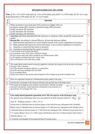 KVS ZIET CHANDIGARH 134
REVISION PAPER UNIT- XII–ATOMS
Note: Q. No. 1-4 is of 01 mark each, Q. 5-6 is of 02 marks each, Q.No.7 is of 03 marks, Q. No. 8 is a case
study based and is of 04 marks, Q. No. 11 is of 5 marks.
S
N
Question M
M
1 When an electron in an atom goes from a lower to a higher orbit, its
(a) kinetic energy (KE) increases, potential energy (PE) decreases
(b) KE increases, PE increases
(c) KE decreases, PE increases
(d) KE decreases, PE decreases
1
2 Assertion (A): Bohr postulated that the electrons in stationary orbits around the nucleus do not
radiate.
Reason (R): According to classical Physics, all moving electrons radiate.
a- Both assertion and reason are correct and the reason is the correct explanation of assertion.
b- Both assertion and reason are correct and reason is not a correct explanation of assertion.
c- Assertion is correct but the reason is incorrect.
d- Assertion is incorrect but the reason is correct.
1
3 A set of atoms in an excited state decay.
(a) in general, to any of the states with lower energy.
(b) into a lower state only when excited by an external electric field.
(c) all together simultaneously into a lower state.
(d) to emit photons only when they collide.
1
4 The simple Bohr model cannot be directly applied to calculate the energy levels of an atom with many
electrons. This is because
(a) of the electrons not being subject to a central force
(b) of the electrons colliding with each other
(c) of screening effects
(d) the force between the nucleus and an electron will no longer be given by Coulomb’s law
1
5 Write two important limitations of Rutherford nuclear model of the atom. 2
6 Find out the wavelength of the electron orbiting in the ground state of hydrogen atom. 2
7 The energy level diagram of an element is given below. Identify, by doing
necessary calculations, which transition corresponds to the emission of a
spectral line of wavelength 102.7 nm.
3
Case study-based questions (questions no 8- 10) Line Spectra of the Hydrogen Atom
The spectral series of hydrogen atom were accounted for by Bohr using the relation 𝜈
⃑ = R(
1
𝑛1
2 −
1
𝑛2
2)
where R = Rydberg constant = 1.097 x 107
m-1
Lyman series is obtained when an electron jumps to first orbit from any subsequent orbit. Similarly,
Balmer series is obtained when an electron jumps to 2nd
orbit from any subsequent orbit, Paschen series
is obtained when an electron jumps to 3rd
orbit from any subsequent orbit. Whereas Lyman series lies in
U.V. region, Balmer series is in visible region and Paschen series lies in infrared region. Series limit is
obtained when n2 = ∞
8. Find the wavelength of first spectral line of Lyman series. 1
4
 