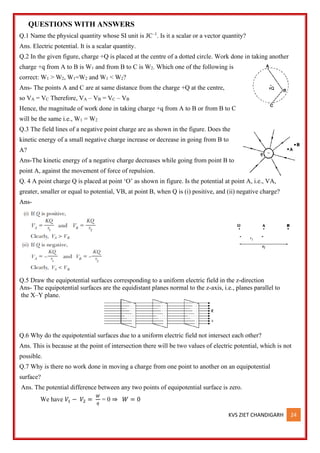 KVS ZIET CHANDIGARH 24
QUESTIONS WITH ANSWERS
Q.1 Name the physical quantity whose SI unit is JC–1
. Is it a scalar or a vector quantity?
Ans. Electric potential. It is a scalar quantity.
Q.2 In the given figure, charge +Q is placed at the centre of a dotted circle. Work done in taking another
charge +q from A to B is W1 and from B to C is W2. Which one of the following is
correct: W1 > W2, W1=W2 and W1 < W2?
Ans- The points A and C are at same distance from the charge +Q at the centre,
so VA = VC Therefore, VA – VB = VC – VB
Hence, the magnitude of work done in taking charge +q from A to B or from B to C
will be the same i.e., W1 = W2
Q.3 The field lines of a negative point charge are as shown in the figure. Does the
kinetic energy of a small negative charge increase or decrease in going from B to
A?
Ans-The kinetic energy of a negative charge decreases while going from point B to
point A, against the movement of force of repulsion.
Q. 4 A point charge Q is placed at point ‘O’ as shown in figure. Is the potential at point A, i.e., VA,
greater, smaller or equal to potential, VB, at point B, when Q is (i) positive, and (ii) negative charge?
Ans-
Q.5 Draw the equipotential surfaces corresponding to a uniform electric field in the z-direction
Ans- The equipotential surfaces are the equidistant planes normal to the z-axis, i.e., planes parallel to
the X–Y plane.
Q.6 Why do the equipotential surfaces due to a uniform electric field not intersect each other?
Ans. This is because at the point of intersection there will be two values of electric potential, which is not
possible.
Q.7 Why is there no work done in moving a charge from one point to another on an equipotential
surface?
Ans. The potential difference between any two points of equipotential surface is zero.
We have 𝑉1 − 𝑉2 =
𝑊
𝑞
= 0 ⇒ 𝑊 = 0
 