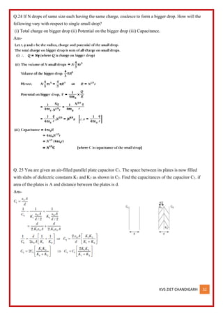 KVS ZIET CHANDIGARH 32
Q.24 If N drops of same size each having the same charge, coalesce to form a bigger drop. How will the
following vary with respect to single small drop?
(i) Total charge on bigger drop (ii) Potential on the bigger drop (iii) Capacitance.
Ans-
Q. 25 You are given an air-filled parallel plate capacitor C1. The space between its plates is now filled
with slabs of dielectric constants K1 and K2 as shown in C2. Find the capacitances of the capacitor C2. if
area of the plates is A and distance between the plates is d.
Ans-
 