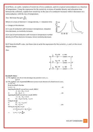 KVS ZIET CHANDIGARH 43
Q.16 Show, on a plot, variation of resistivity of (i) a conductor, and (ii) a typical semiconductor as a function
of temperature. Using the expression for the resistivity in terms of number density and relaxation time
between the collisions, explain how resistivity in the case of a conductor increases while it decreases in a
semiconductor, with the rise of temperature.
Ans- We know that, ρ =
𝒎
𝒏𝒆𝟐 𝝉
Where m is mass of electron t = charge density, τ = relaxation time
e = charge on the electron.
(i) In case of conductors with increase in temperature, relaxation
time decreases, so resistivity increases.
(ii) In case of semiconductors with increase in temperature number
density (n) of free electrons increases, hence resistivity decreases
Q.17 State Kirchhoff’s rules. Use these rules to write the expressions for the currents I1, I2 and I3 in the circuit
diagram shown.
Ans-
 
