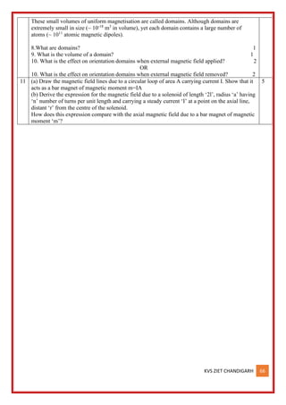 KVS ZIET CHANDIGARH 66
These small volumes of uniform magnetisation are called domains. Although domains are
extremely small in size (~ 10-18
m3
in volume), yet each domain contains a large number of
atoms (~ 1011
atomic magnetic dipoles).
8.What are domains? 1
9. What is the volume of a domain? 1
10. What is the effect on orientation domains when external magnetic field applied? 2
OR
10. What is the effect on orientation domains when external magnetic field removed? 2
11 (a) Draw the magnetic field lines due to a circular loop of area A carrying current I. Show that it
acts as a bar magnet of magnetic moment m=IA
(b) Derive the expression for the magnetic field due to a solenoid of length ‘2l’, radius ‘a’ having
‘n’ number of turns per unit length and carrying a steady current ‘I’ at a point on the axial line,
distant ‘r’ from the centre of the solenoid.
How does this expression compare with the axial magnetic field due to a bar magnet of magnetic
moment ‘m’?
5
 