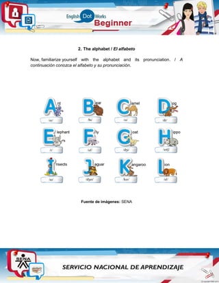2. The alphabet / El alfabeto
Now, familiarize yourself with the alphabet and its pronunciation. / A
continuación conozca el alfabeto y su pronunciación.
Fuente de imágenes: SENA
 