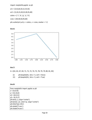 Page 18
import matplotlib.pyplot as plt
ar1 = [2,4,6,8,10,12,14,16]
ar2 = [5,10,15,20,25,30,35,40]
colors = [ 'r', 'b', 'g', 'y', 'k']
sizes = [20,30,50,45,60]
plt.scatter(ar1,ar2,c = colors, s = sizes, marker = 's')
Ans 6:
Ans 7:
A = [63, 65, 67, 69, 71, 71, 72, 74, 75, 78, 79, 79, 80, 81, 83]
(i) plt.boxplot(A1, bins = 5, vert = False)
(ii) plt.boxplot(A1, bins = 5, vert = True)
Ans 8:
from matplotlib import pyplot as plt
x = [5,8,10]
y = [12,16,6]
x2 = [6,9,11]
y2 = [6,15,7]
plt.bar(x, y, align='center')
plt.bar(x2, y2, color='g', align='center')
plt.title('Epic Info')
plt.ylabel('Y axis')
plt.xlabel('X axis')
 