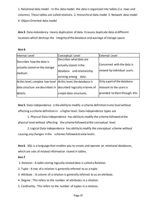 Page 37
1. Relational data model : In this data model, the data is organized into tables (i.e. rows and
columns). These tables are called relations. 2. Hierarchical data model 3. Network data model
4. Object Oriented data model
Ans 3. Data redundancy means duplication of data. Itcauses duplicate data atdifferent
locations which destroys the integrityofthedatabase and wastage ofstorage space.
Ans 4.
Internal Level Conceptual Level External Level
Describes how the data is
actually stored on thestorage
medium.
Describes whatdata are
actually stored inthe
database and relationship
existing among data.
Concerned with the data is
viewed byindividual users.
Atthis level,complex low-level
data structure aredescribed in
details.
Atthis level,thedatabase is
described logically interms of
simple data-structures.
Only apartof thedatabase
relevant to the users is
provided to themthrough this
level.
Ans 5. Data independence is theabilityto modify ascheme definitioninone level without
affecting ascheme definitionin ahigher level. Data independence types are
1. Physical Data Independence has abilityto modify the scheme followedatthe
physical level without affecting theschemefollowedatthe conceptual level.
2.Logical Data Independence has abilityto modify the conceptual scheme without
causing anychanges inthe schemes followedatview levels.
Ans 6. SQL is a language that enables you to create and operate on relational databases,
which are sets of related information stored in tables.
Ans 7
1. Relation : A table storing logically related data is called a Relation.
2. Tuple : A row of a relation is generally referred to as a tuple.
3. Attribute : A column of a relation is generally referred to as an attribute.
4. Degree : This refers to the number of attributes in a relation.
5. Cardinality : This refers to the number of tuples in a relation.
 