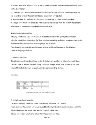 Page 38
6. Primary Key : This refers to a set of one or more attributes that can uniquely identify tuples
within the relation.
7. Candidate Key : All attribute combinations inside a relation that can serve as primary key
are candidate keys as these are candidates for primary key position.
8. Alternate Key : A candidate key that is not primary key, is called an alternate key.
9. Foreign Key : A non-key attribute, whose values are derived from the primary key of some
other table, is known as foreign key in its current table.
Ans 8. Integrity Constraints
Integrity constraints are a set of rules. It is used to maintain the quality of information.
Integrity constraints ensure that the data insertion, updating, and other processes have to be
performed in such a way that data integrity is not affected.
Thus, integrity constraint is used to guard against accidental damage to the database.
Types of Integrity Constraint
1. Domain constraints
Domain constraints can be defined as the definition of a valid set of values for an attribute.
The data type of domain includes string, character, integer, time, date, currency, etc. The
value of the attribute must be available in the corresponding domain.
Example:
2. Entity integrity constraints
The entity integrity constraint states that primary key value can't be null.
This is because the primary key value is used to identify individual rows in relation and if the
primary key has a null value, then we can't identify those rows.
A table can contain a null value other than the primary key field.
 
