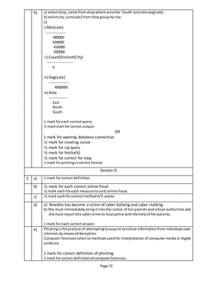Page 72
h) a) selectshop_name fromshopwhere arealike ‘South’andsale>avg(sale);
b) selectcity,sum(sale) fromshopgroupbycity;
c)
i) Min(sale)
---------------
380000
428000
456000
500000
ii) Count(Distinct(City)
--------------------
6
iii) Avg(sale)
---------------
4060000
iv) Area
--------------
East
North
South
1 mark foreach correct query
½ mark each forcorrect output
OR
1 mark for opening database connection
½ mark for creating cursor
½ mark for sql query
½ mark for fetchall()
½ mark for correct for loop
1 mark forprintingincorrect format
Section D
5 a) 1 mark forcorrect definition
b) ½ mark for each correct online fraud
½ mark each foreach measure tocurb online fraud.
c) ½ mark each forcorrect methodof E-waste
d) a) Nivedita has become a victim of cyber bullying and cyber stalking.
b) She must immediately bring it into the notice of her parents and school authorities and
she mustreport thiscybercrime to local police withthe helpof herparents.
1 mark foreach correct answer.
e) Phishingisthe practice of attemptingtoacquire sensitive informationfromindividualsover
internet,bymeansof deception.
Computer forensics refers to methodsused for interpretation of computer media or digital
evidence.
1 mark for correct definition of phishing.
1 mark forcorrect definitionof computerforensics.
 