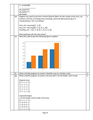 Page 75
Y = randn(200)
__________________
plt.xlabel("X")
plt.ylabel("Y")
plt.show()
(d) Suppose you want to join train and test dataset (both are two numpy arrays train_set
and test_set) into a resulting array (resulting_set) to do data processing on it
simultaneously. This is as follows:
train_set = np.array([1, 2, 3])
test_set = np.array([[0, 1, 2], [1, 2, 3]])
resulting_set --> [[1, 2, 3], [0, 1, 2], [1, 2, 3]]
How would you join the two arrays?
2
(e) Write the code to plot the following figure in python 2
(f) Write a Pandas program to convert a NumPy array to a Pandas series 2
(g) Write a NumPy program to create a 2d array with 1 on the border and 0 inside.
Original array:
[[ 1. 1. 1. 1. 1.]
[ 1. 1. 1. 1. 1.]
[ 1. 1. 1. 1. 1.]
[ 1. 1. 1. 1. 1.]
[ 1. 1. 1. 1. 1.]]
Expected Output:
1 on the border and 0 inside in the array
[[ 1. 1. 1. 1. 1.]
[ 1. 0. 0. 0. 1.]
[ 1. 0. 0. 0. 1.]
[ 1. 0. 0. 0. 1.]
[ 1. 1. 1. 1. 1.]]
3
 