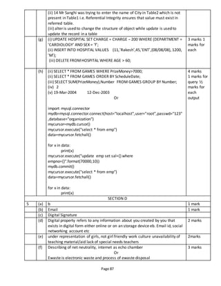 Page 87
(ii) 14 Mr Sanghi was trying to enter the name of City in Table2 which is not
present in Table1 i.e. Referential Integrity ensures that value must exist in
referred table.
(iii) alter is used to change the structure of object while update is used to
update the record in a table
(g) (i) UPDATE HOSPITAL SET CHARGE = CHARGE – 200 WHERE (DEPARTMENT =
‘CARDIOLOGY’ AND SEX = ‘f’;
(ii) INSERT INTO HOSPITAL VALUES (11,‘Rakesh’,45,‘ENT’,{08/08/08}, 1200,
‘M’);
(iii) DELETE FROMHOSPITAL WHERE AGE > 60;
3 marks 1
marks for
each
(h) (ii) SELECT * FROM GAMES WHERE PrizeMoney>7000;
(ii) SELECT * FROM GAMES ORDER BY ScheduleDate;
(iii) SELECT SUM(PrizeMoney),Number FROM GAMES GROUP BY Number;
(iv) 2
(v) 19-Mar-2004 12-Dec-2003
Or
import mysql.connector
mydb=mysql.connector.connect(host="localhost",user="root",passwd="123"
,database="organization")
mycursor=mydb.cursor()
mycursor.execute("select * from emp")
data=mycursor.fetchall()
for x in data:
print(x)
mycursor.execute("update emp set sal={} where
empno={}".format(70000,10))
mydb.commit()
mycursor.execute("select * from emp")
data=mycursor.fetchall()
for x in data:
print(x)
4 marks
1 marks for
query ½
marks for
each
output
SECTION D
5 (a) b 1 mark
(b) Email 1 mark
(c) Digital Signature
(d) Digital property refers to any information about you created by you that
exists in digital form either online or on an storage device eb. Email id, social
networking account etc
2 marks
(e) under representation of girls, not girl friendly work culture unavailability of
teaching material/aid lack of special needs teachers
2marks
(f) Describing of net neutrality, internet as echo chamber
Or
Ewaste is electronic waste and process of ewaste disposal
3 marks
 