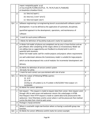Page 94
import matplotlib.pyplot as p1
ar=np.array([78,72,6981,63,675,6, 75, 79,74,71,83,71,79,80,69])
p1.boxplot(ar,showbox=False)
d (a) Data.loc[‘apple’:]
(b) Data.loc[:,[‘color’:’price’]]
(c) Data.loc[[‘apple’,’pear’]
3
Q.4 a Software engineering is an engineering branch associated with software system
development. It can be defined as the application of systematic, disciplined,
quantified approach to the development, operations, and maintenance of
software
1
B 1 mark for each correct difference 2
c 1 Marks for definition of feasibility study and 1 marks for explanation 2
d In Water Fall model all phases are completed one by one in linear fashion and we
get software after completing all the stages where as in Evolutionary Model we
are adding new as suggested by user feedback to already build in and it is
waterfall with iterations.
Water Fall model works well for smaller projects and projects where requirements
are well understood whereas the Evolutionary model is suitable for large projects
which can be decomposed into a set of modules for incremental development and
delivery.
3
e 01 Marks for definition of version control system
02 marks for utility
3
f 1 mark for each correct use case element with role of actor 4
Q.5. a Write the output of following MYSQL queries:
(i) 6.57
(ii) 5.34
(iii)Day no of curdate (), Ex. If curdate is 05/12/2017 then output is 5
(iv) BOARD
2
b 01 Marks for correct definition 1
c Get request – This request is made to request data from server. Here request send
through URL to web server and webserver returns the asked pages in HTML
Post Request:-Here HTTP request is made to submit data to be processed to the
webserver. Here filled data send to server where is will be processed. Post method
carries the data from client to web server
2
d Package is mysql.connector 2
e Where is used with single row function where as having is used with group row
function.
1
Q.6 a 01 Marks for correct difference and 01 marks for correct example
 